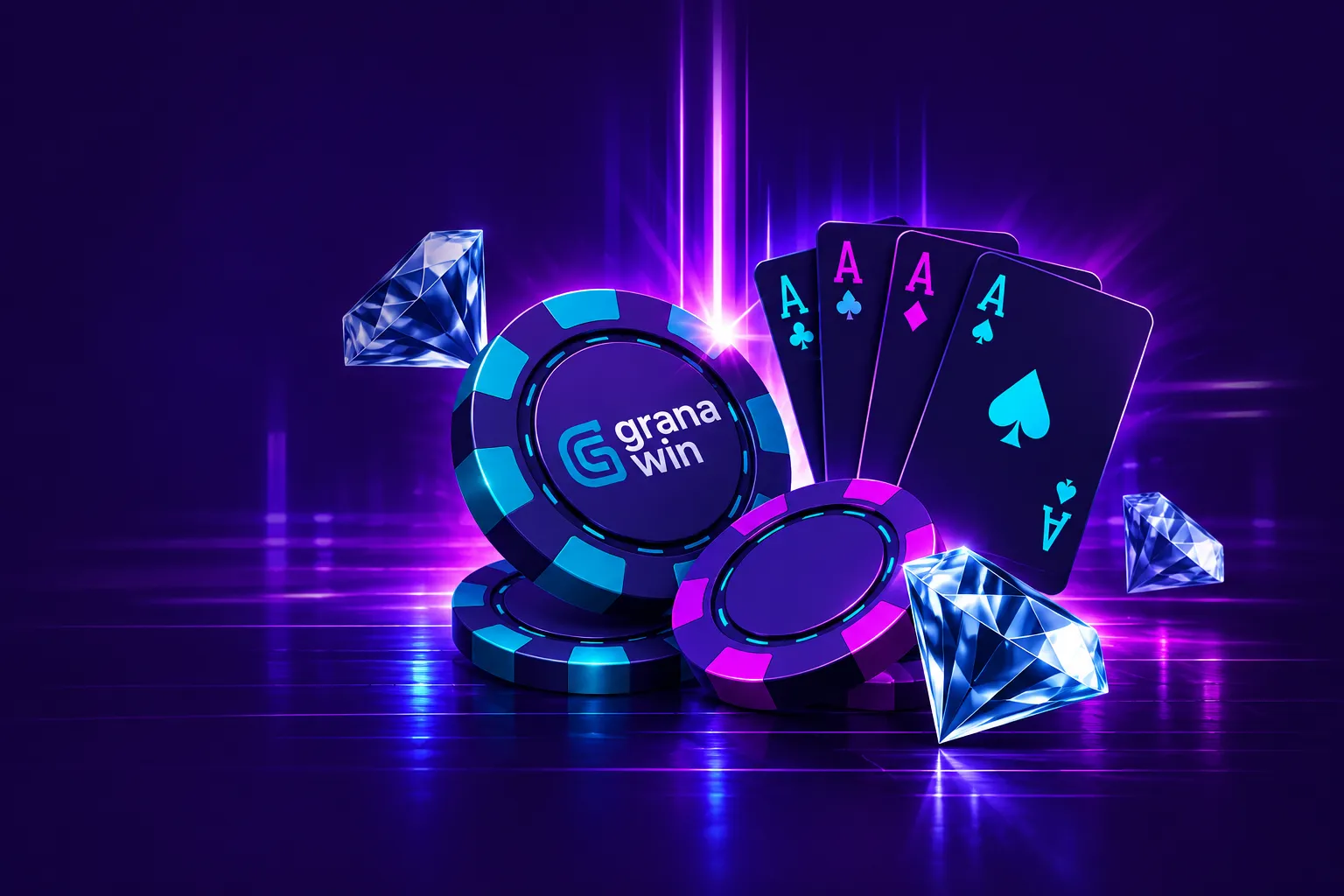 Ruleta de casino con fichas, cartas, monedas doradas y tragamonedas en un ambiente con luces de neón verdes, turquesas y violetas