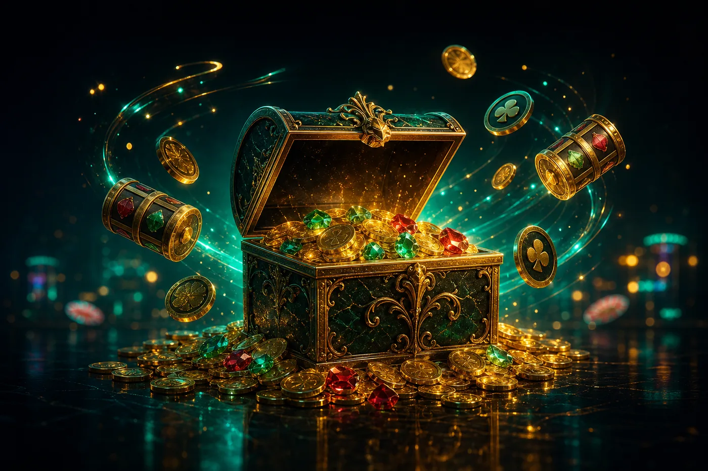 Cofre del tesoro con monedas doradas y giros gratis de Granawin Casino